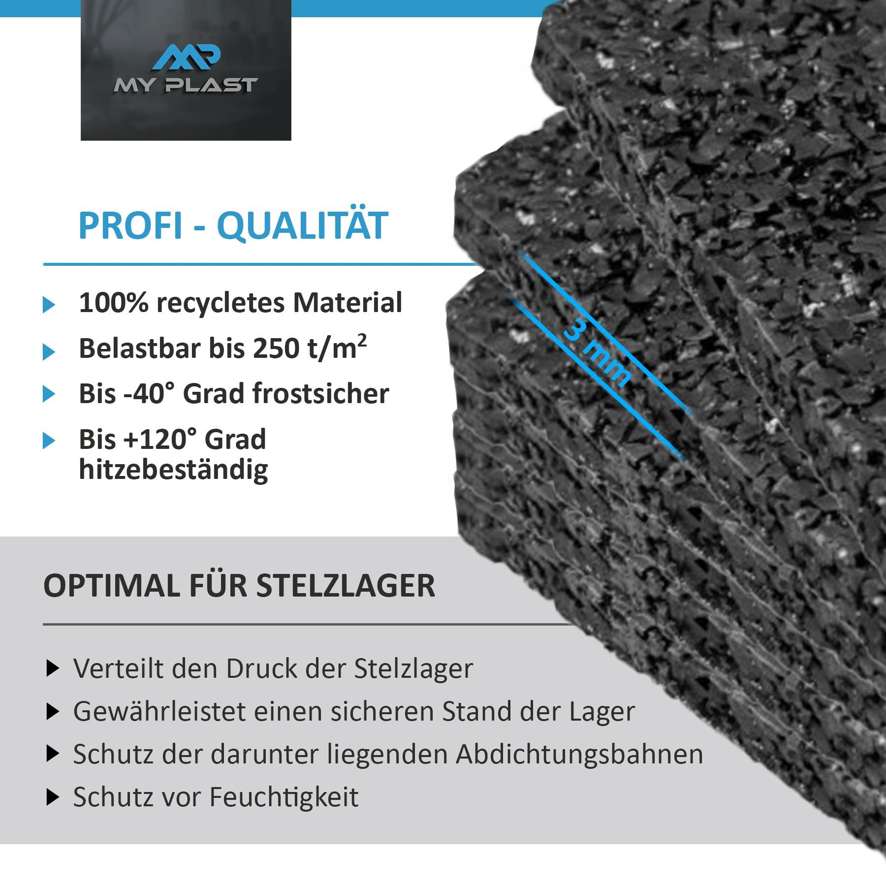 Terrassenpads 200 x 200 mm x 3mm | Unterleger aus Gummigranulat | Für Stelzlager u. Plattenlager | Menge auswählen (50 Stück - 200mm x 200mm x 3mm)