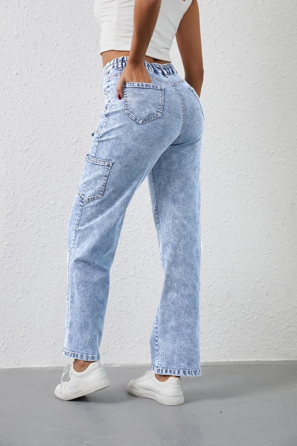 Sweezarmo Women's Cargo Jeans High Waisted Solid Color Denim Casual Stretch Elastic Waist Joggers with Pocket - Image 2