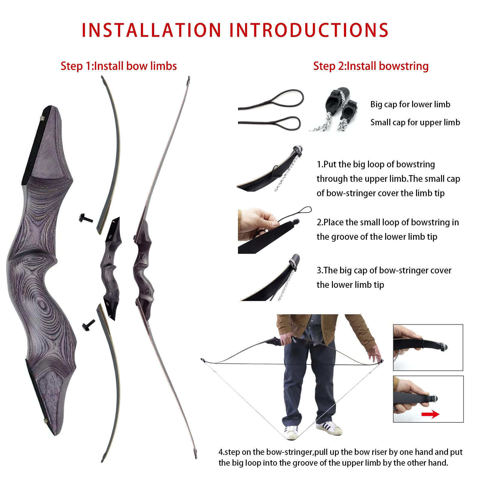 Obert 60 Zoll Bogenschießen Takedown Langbogen 25-60lbs Rechte Hand Jagdbogen Sportbogen Traditionell Holzbogen für Erwachsene (35lbs)