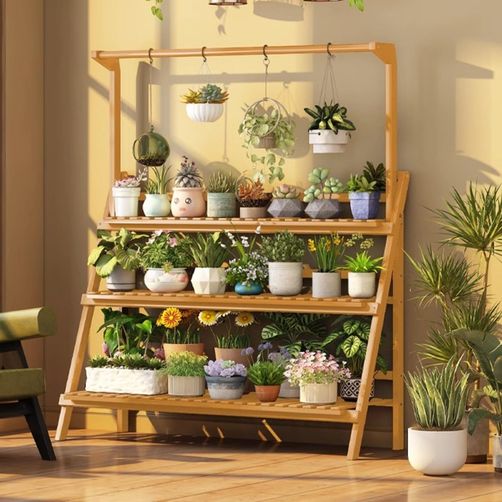 Portavasi Pieghevole in Legno massello, portavasi da Terra per Balcone, portavasi a più Strati con gradini, può Essere Appeso, portavasi, mensola per Fiori con Piante, portavasi con struttur