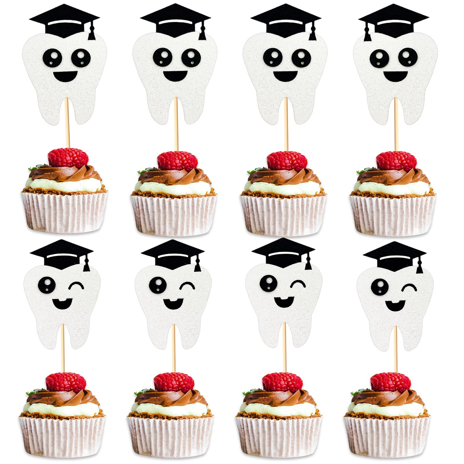 24 Pcs Congrats Dentist Graduation Cupcake Toppers, 2 Glitter Tooth Designs with Cap