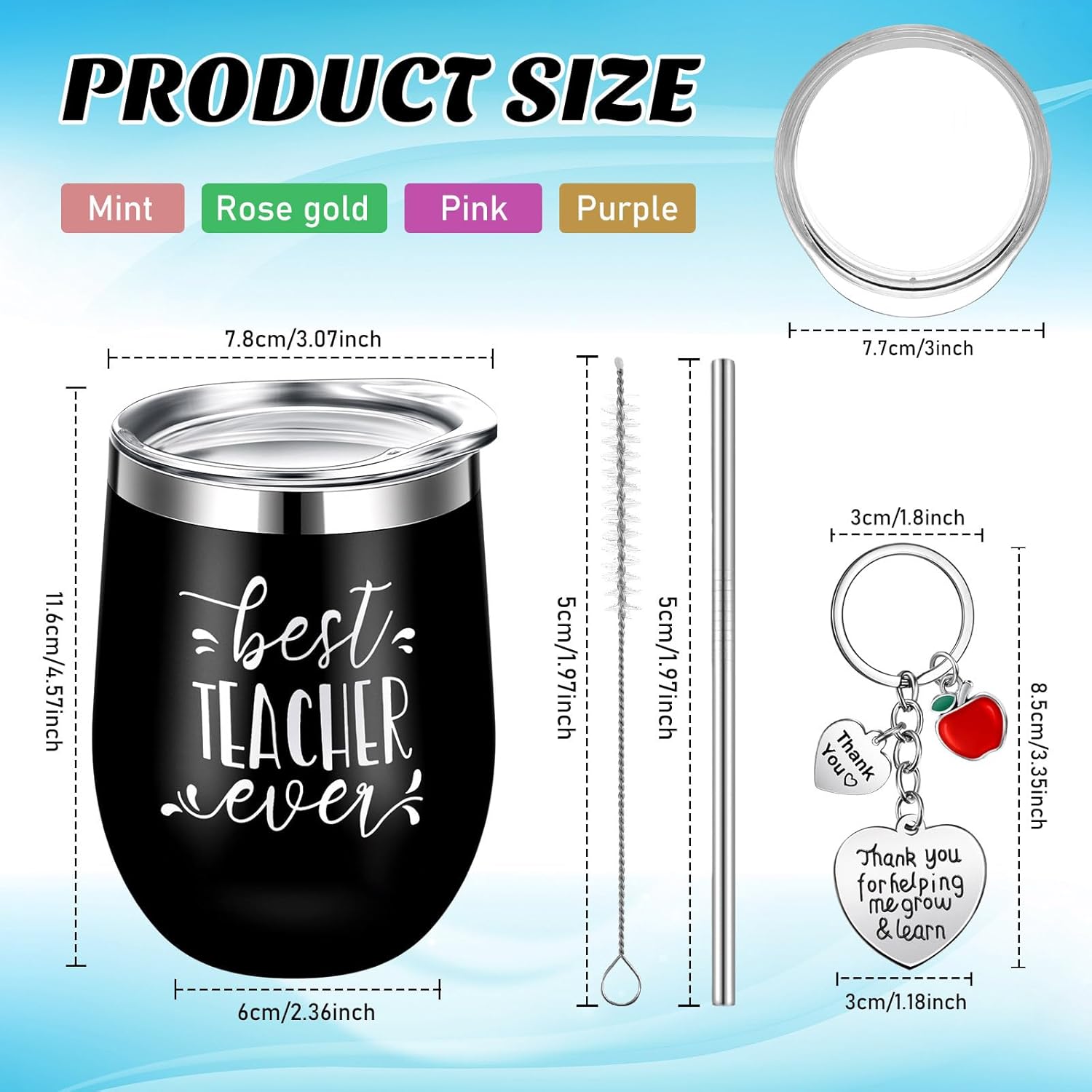 24 Pcs Teacher Appreciation Gift Sets 12 Oz Teacher Wine Tumbler for Women Thank You Birthday Graduation Gifts 12 Best Ever Cup and 12 Keychain(Black)