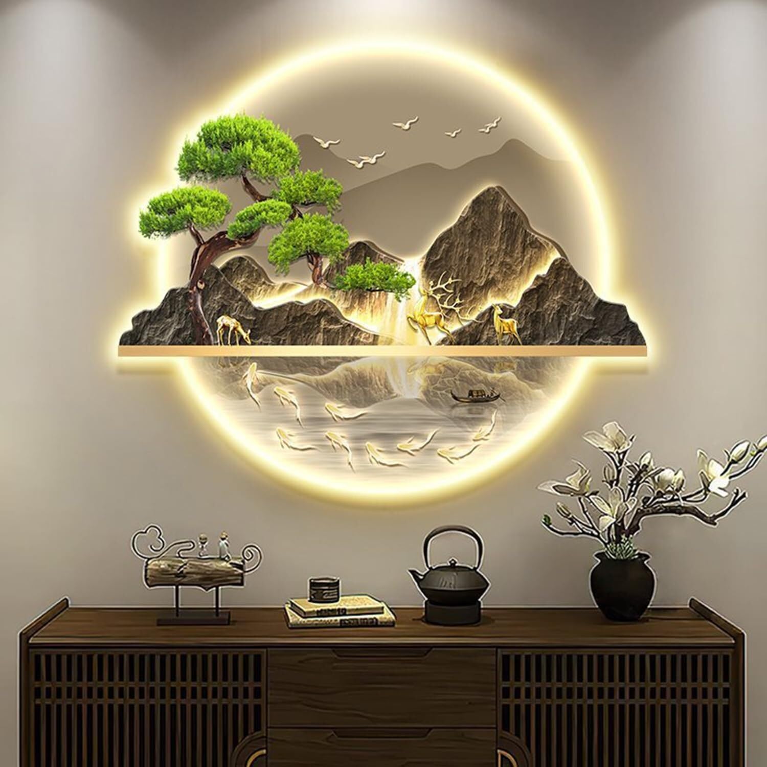 Personaliza lo que necesitas arte de pared LED 3D – Lámpara mural de paisaje de pino chino tradicional para decoración del hogar (C, 70 x 84 cm)