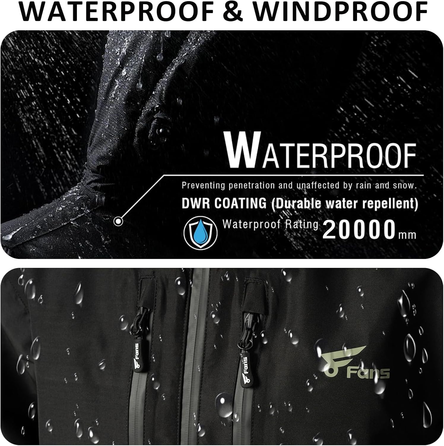 8 Fans Men's Hooded Jacket - 20000mm Waterproof Coats for Men Outdoor Work Hiking with Pockets, Windproof Fishing Jacket