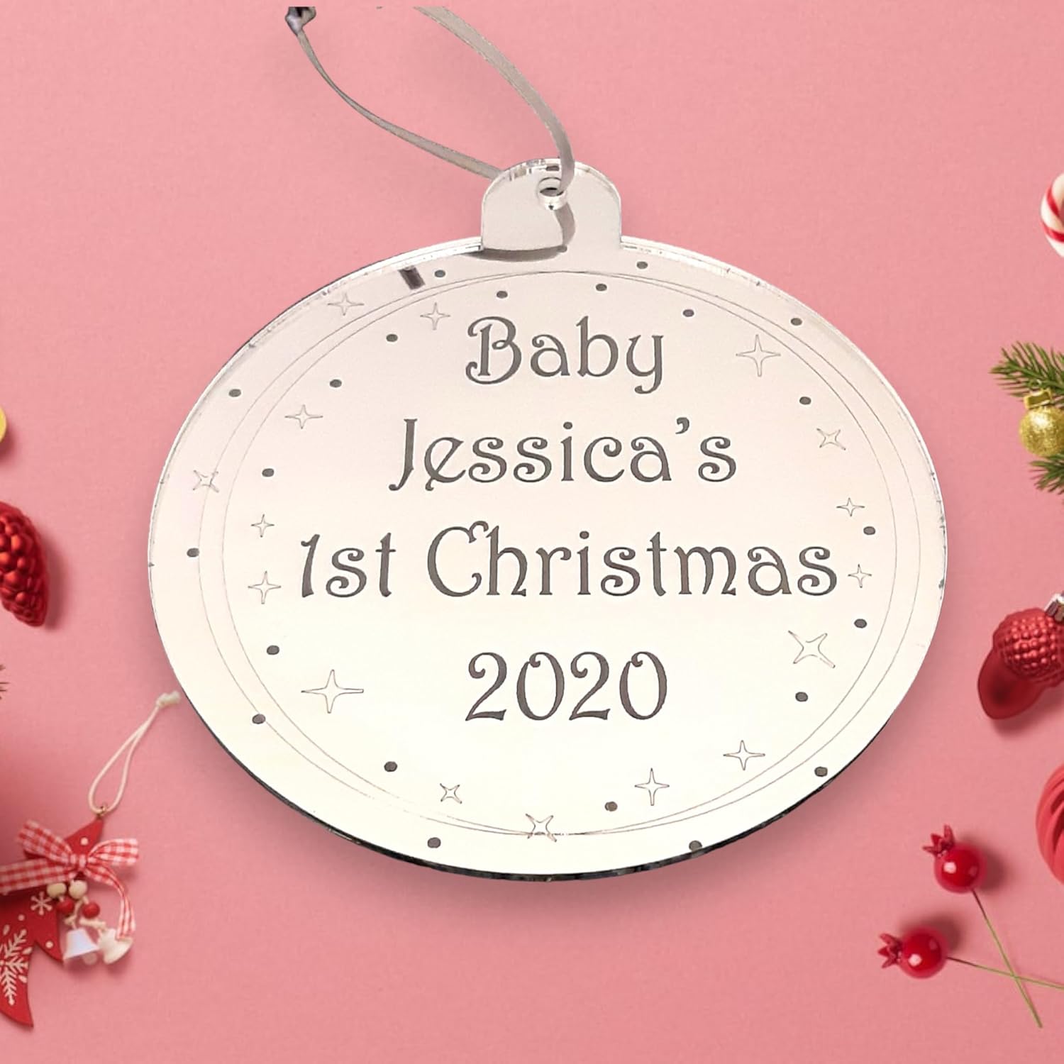Bauble "Baby's 1st Christmas" Personalised Engraved Christmas Tree Decorations, Many Colours & Sizes (Bronze Mirror, 8.5cm)