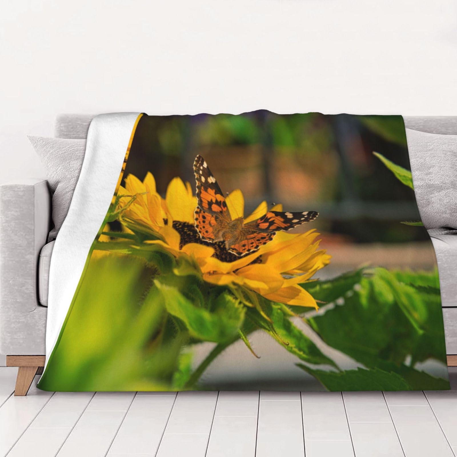 AUBKFELD Sunflower Butterfly Printed Flannel Blanket 102x76 CM, Soft & Warm Throw Blanket for Sofa/Couch/Bed/Car, Gifts for Audlts Women Men