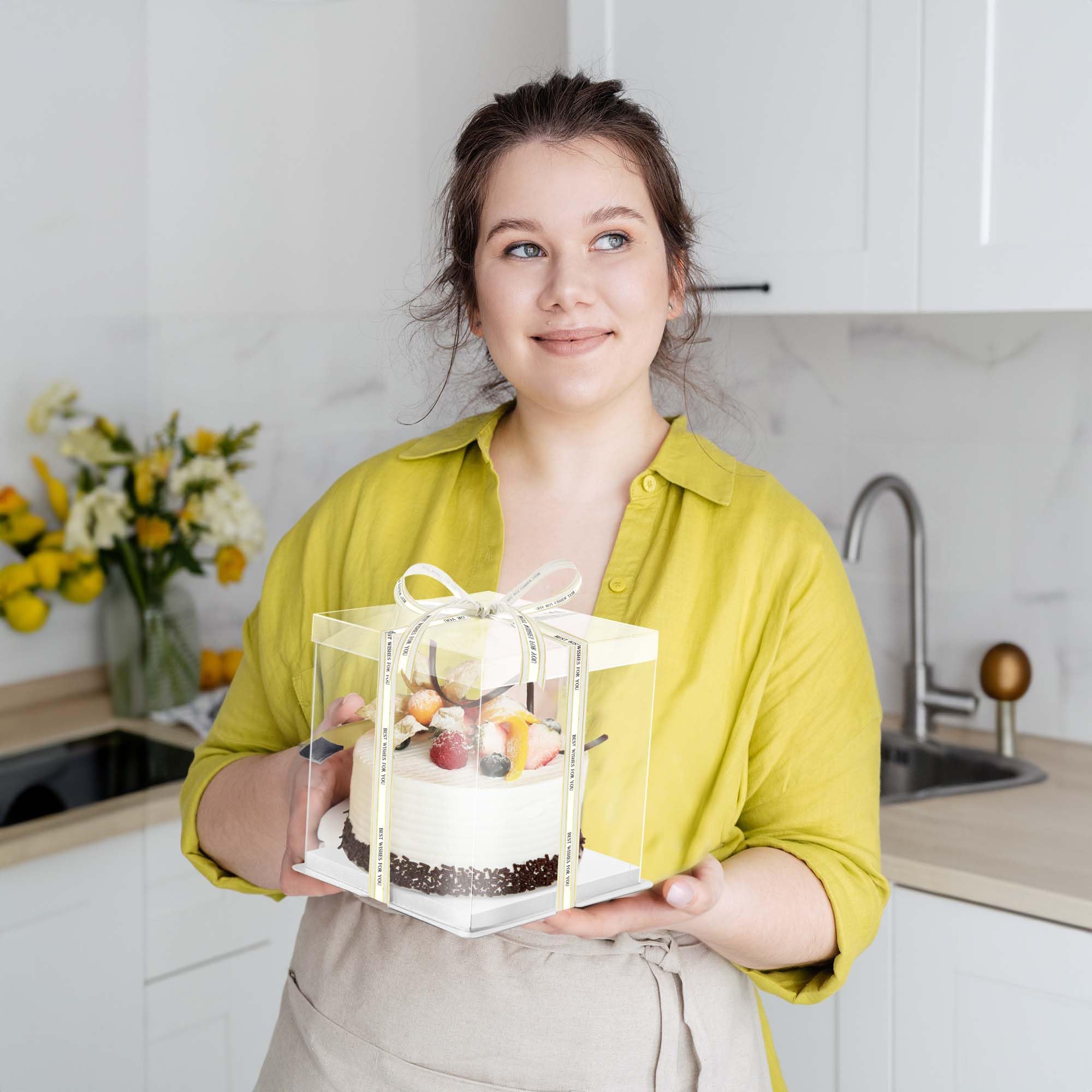 12 cajas transparentes para tartas de 7 x 7 x 8 pulgadas, caja alta para tartas con tapa y cinta, caja transparente para tartas para panadería, boda, fiesta de cumpleaños