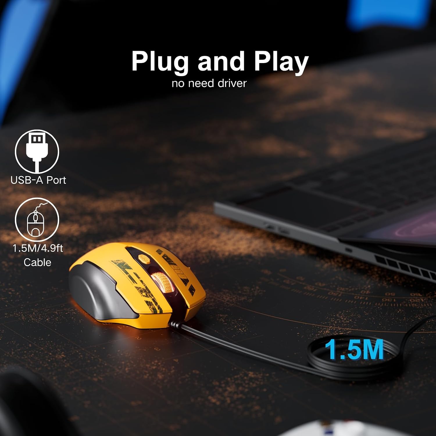 Wired Mouse, USB Mouse Wired with 6 Buttons Ergonomic Design,1.5M USB Cable Computer Mice 7200DPI Mice for PC Laptop, Yellow - 2