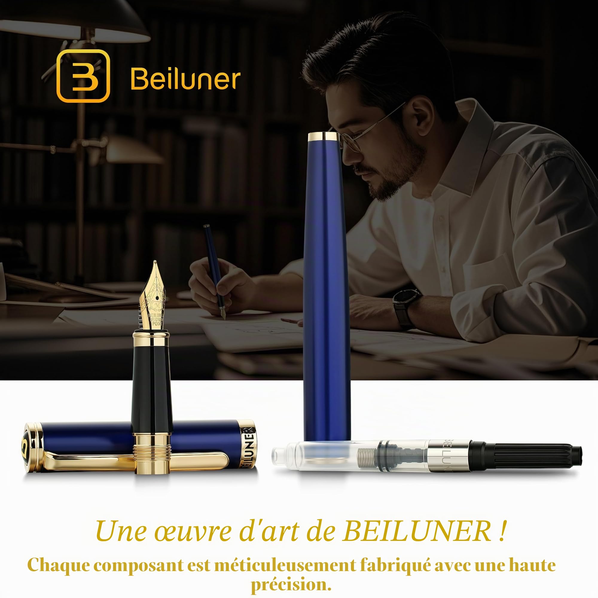 BEILUNER Stylo Plume de Luxe, Magnifique Finition Piano Laqué et Or 24K, Cadeau Fiable avec Convertisseur pour Hommes & Femmes, Stylo Élégant pour l'Écriture - Bleu & Or, Plume Moyenne
