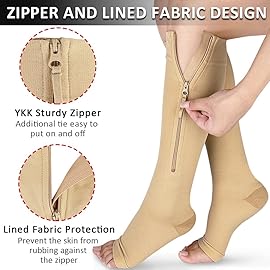 Ailaka Medical Compression Socks with Zipper, Knee High 15-20 mmHg Compression Socks for Women Men, Open Toe Support Socks for Varicose Veins, Edema, Recovery, Pregnant, Nurse