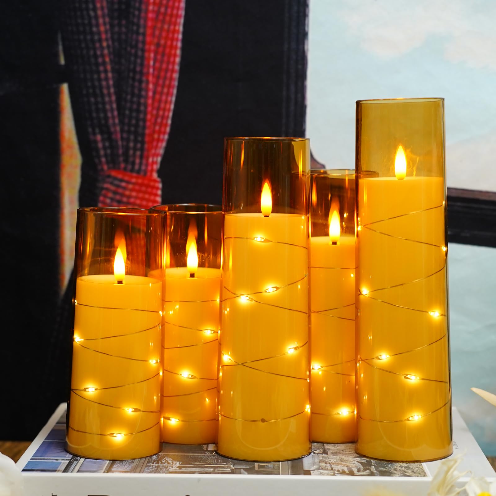Nimiko Flickering Flameless LED Candles,Battery Operated Candles 5 Pcs with Embedded Star String,Acrylic LED Pillar Candles with Remote,Suitable for Home Decoration to Create an Atmosphere??êGold??ë