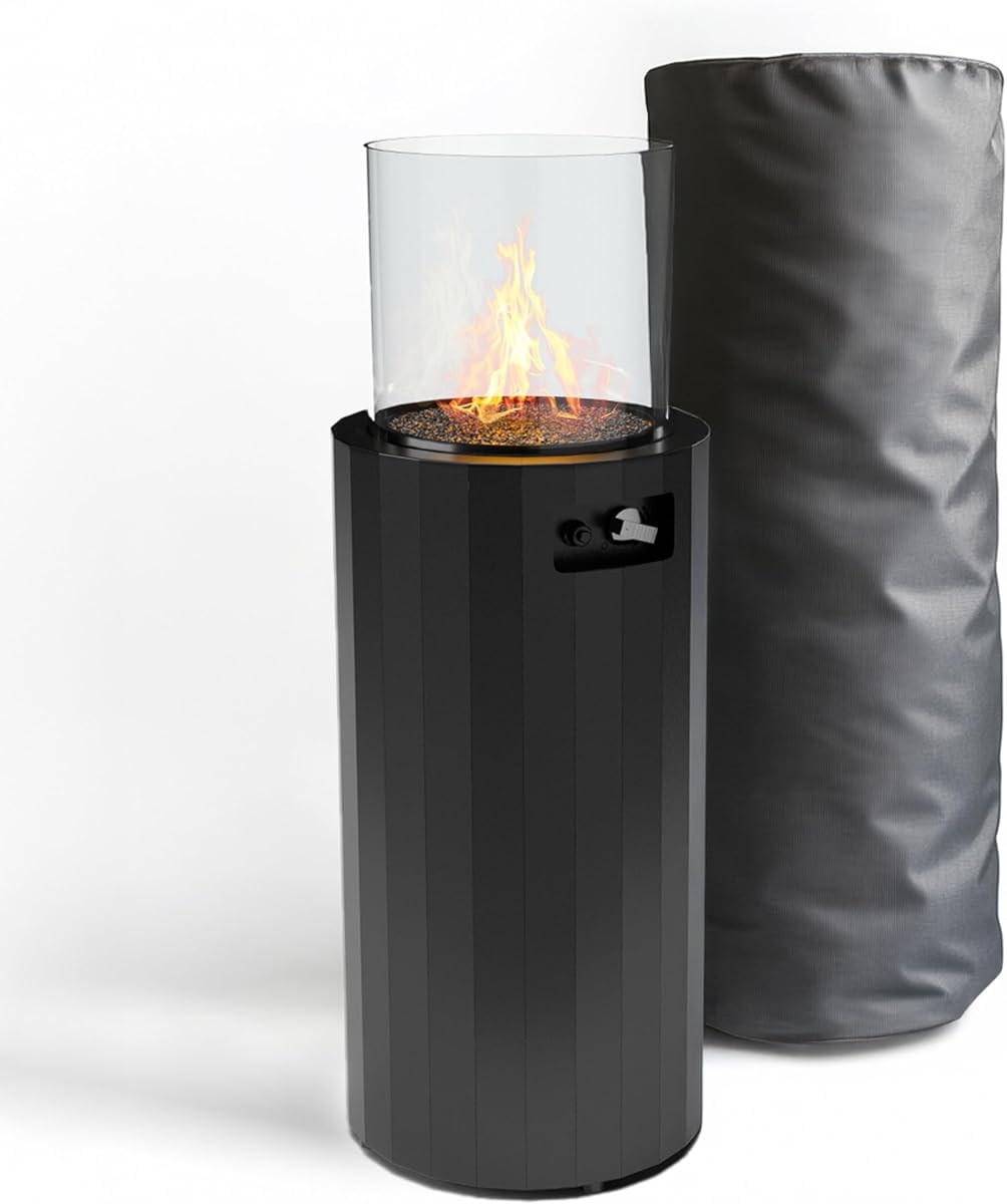 Planika BINO Chimenea de gas para exterior - Columna de fuego con escudo de cristal para patio o jardín (cubierta exterior incluida) (negro)