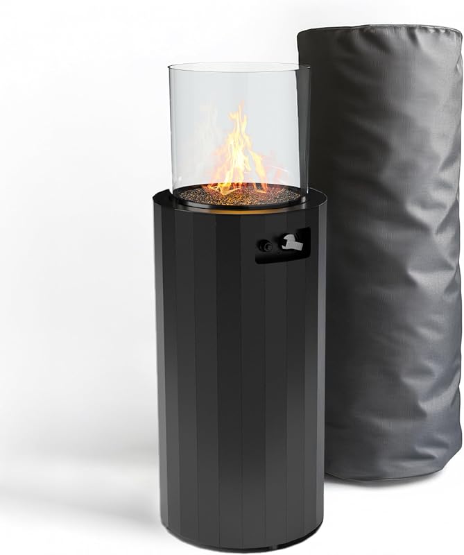 Planika BINO Chimenea de gas para exterior - Columna de fuego con escudo de cristal para patio o jardín (cubierta exterior incluida) (negro)