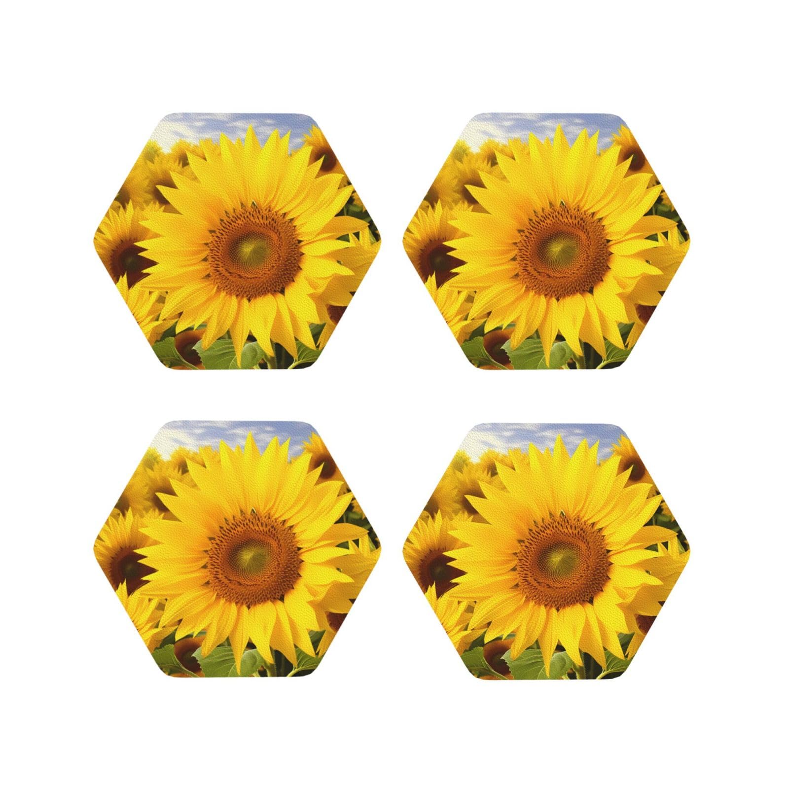 4Pcs PU Leather Coaster for Drinks, Sunflowers Cup Coastersr 4" Cup Mat Pad, Aesthetic Drink Coasters for Coffee Table, Hexagon Coaster for Tabletop Protection