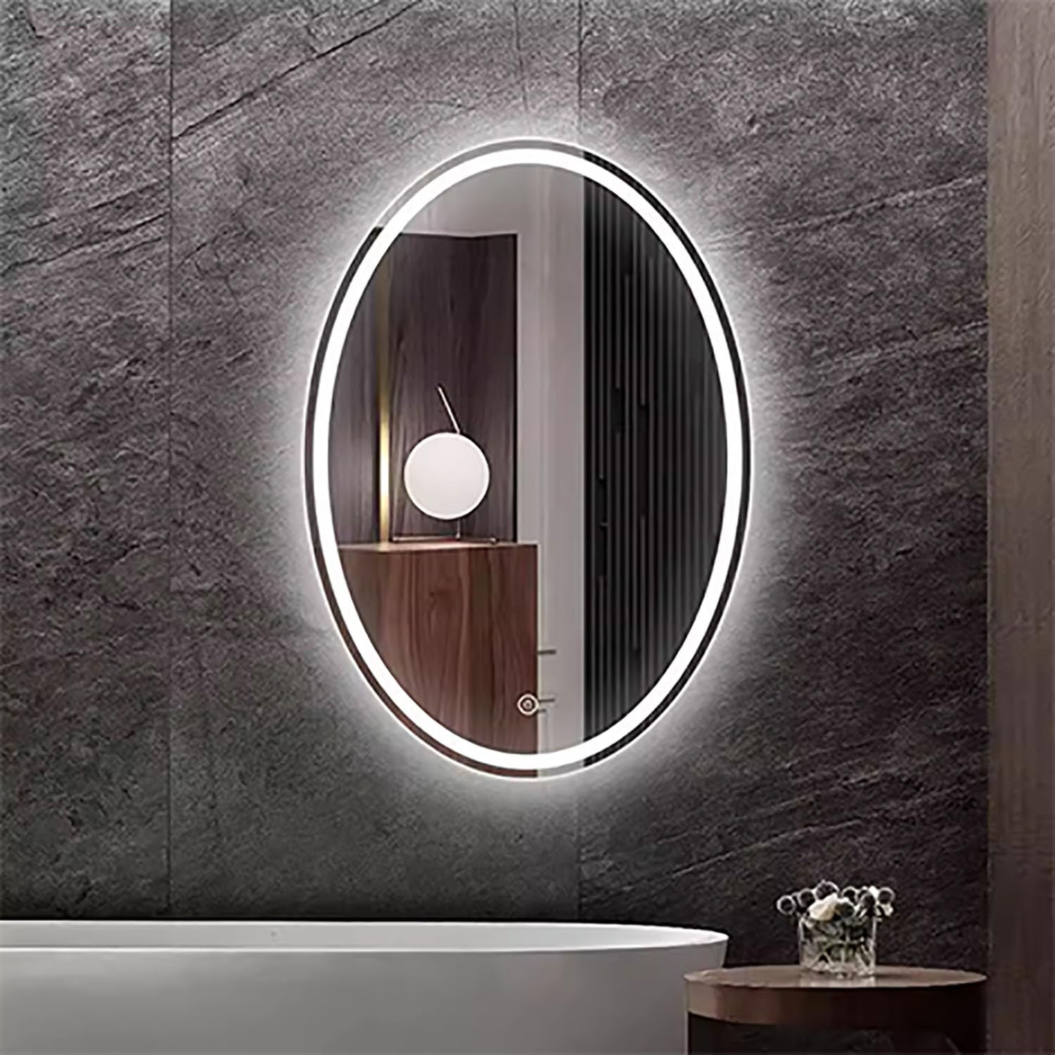 Oval Beleuchteter Wandspiegel, Rahmenlos Dekorativer Hängespiegel mit Beleuchtung, Beschlagfrei Modern Touch-Schalter Badezimmerspiegel(Front Light,80cm/32in)