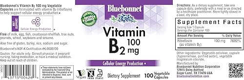 Miniatura 2 de Bluebonnet Nutrición Vitamina B2 100 mg, para la salud cardiovascular y del sistema nervioso, sin soja, sin gluten, certificado Kosher, sin lácteos,