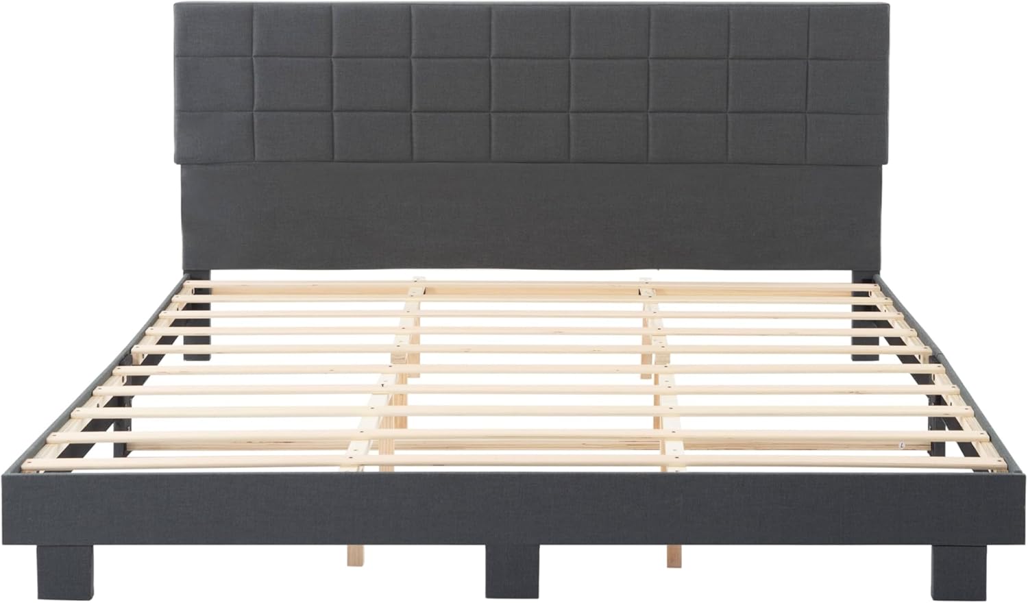 PVWIIK King Size Platform Upholstered Bed Frame Upholstered Headboard and Wood Slats Support,Linen Platform Easy Assemble Bed Frame,Dark Grey