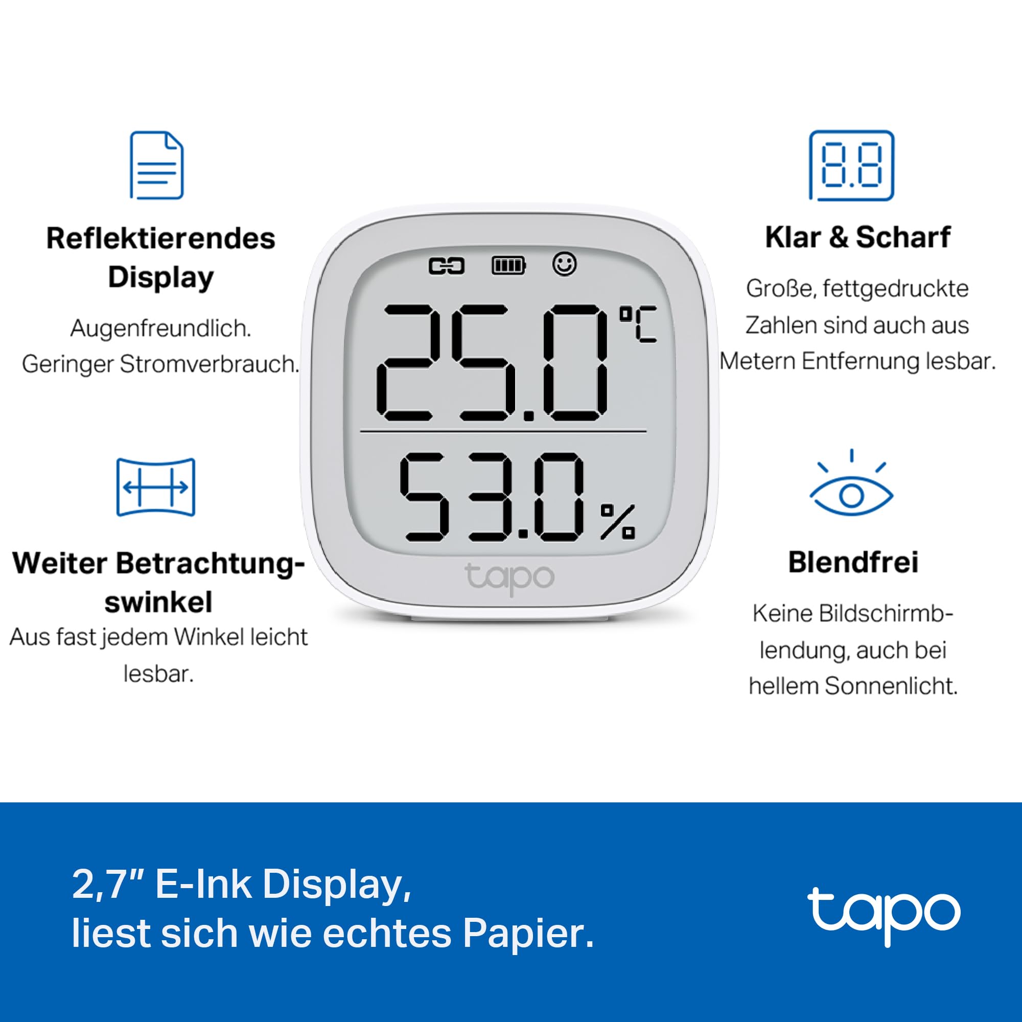 TP-Link Tapo T315 Smart Home Temperatur und Luftfeuchtigkeitsmesser,digitales Thermo-Hygrometer Innen, Raumthermometer mit 2.7'' E-Ink Display, Hochpräzisionssensor, Hub erforderlich