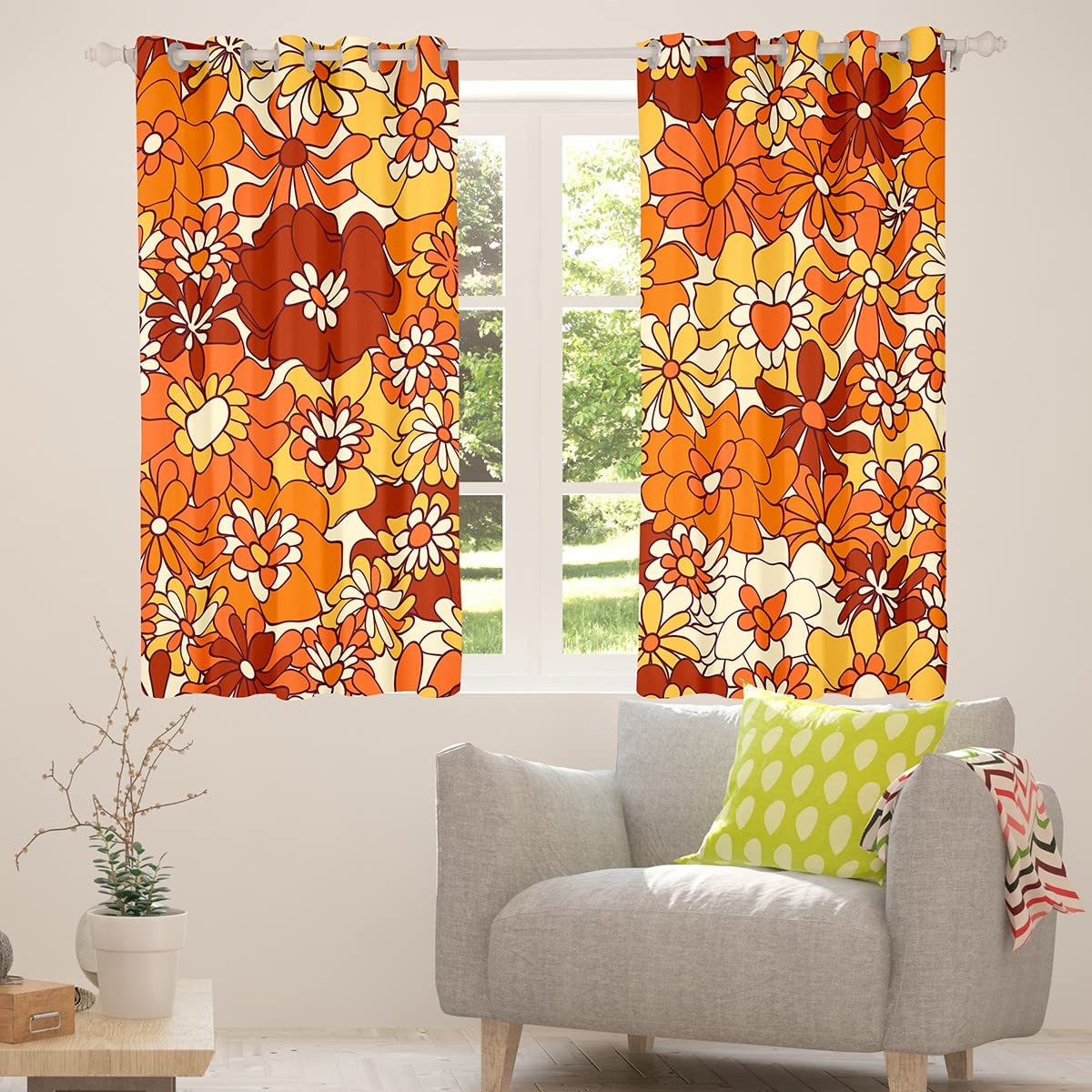Homewish Rideaux à motif floral bohème rétro groovy – 30 % à 50 % occultants pour chambre à coucher, jardin naturel, orange et marron, 167,6 x 228,6 cm (l x L)