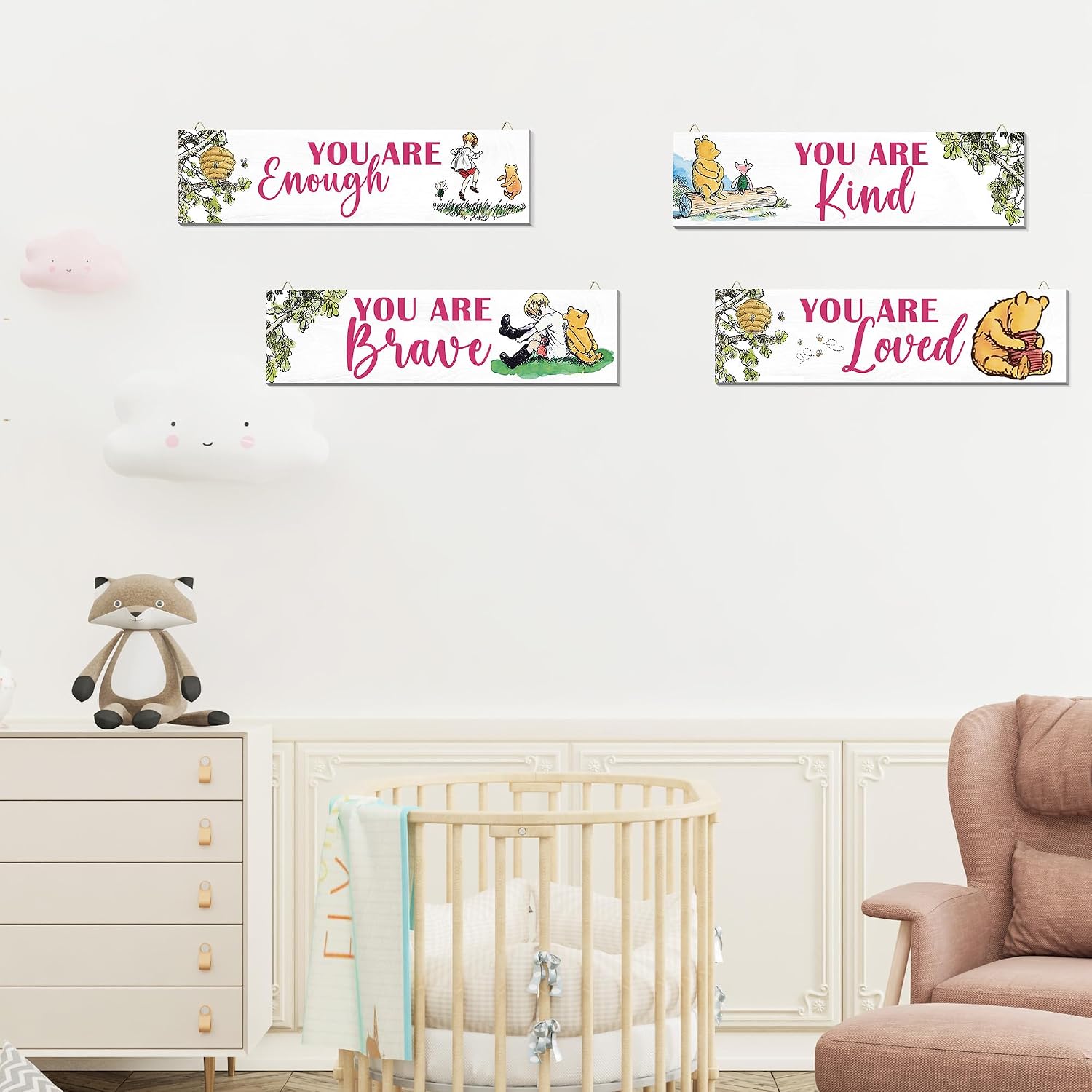 Winnie Room Wall Decor-You Are Enough Kind Loved Brave - 4Pcs Classic Winnie Nursery Kids Room Decor, With Triangular Hook, Baby Stuff, Baby Shower, Birthday Decorations Favors-002