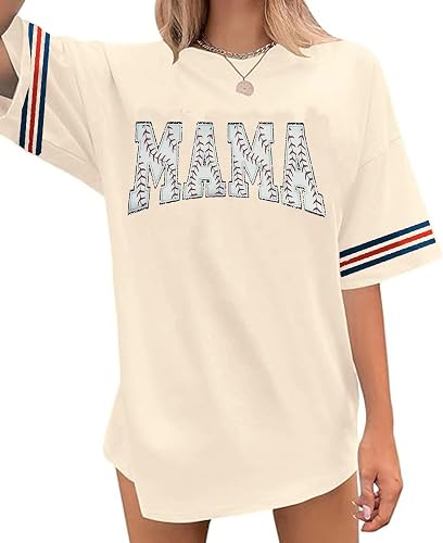 BOMYTAO Oversized Baseball Mom Shirts for Women MAMA Letter Graphic Print T-Shir
