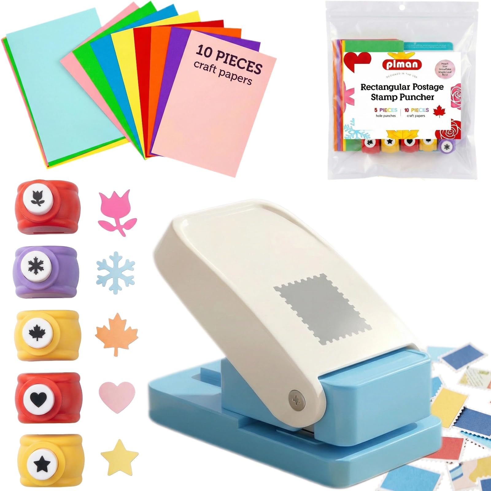 1 perforateur de timbre de 20,3 cm avec 5 pièces en forme de perforateur pour papier, scrapbooking, fabrication de cartes, loisirs créatifs