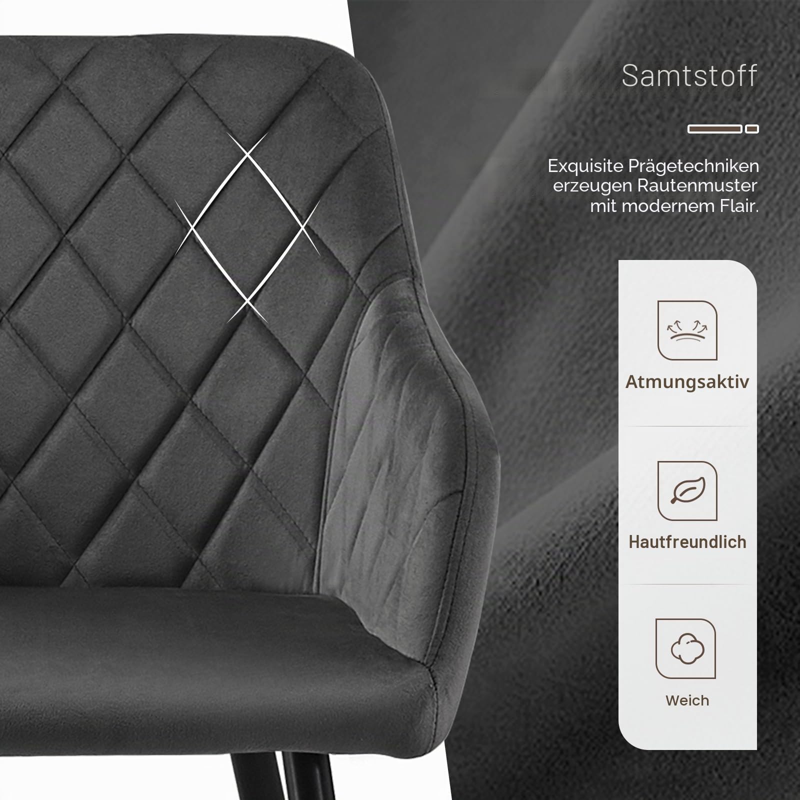 TUKAILAI Esszimmerstühle 4er Set aus Samt, Küchenstuhl Polsterstuhl Wohnzimmerstuhl Sessel mit Armlehnen Rückenlehne Metallbeinen, für Küche Esszimmer Wohnzimmer Lounge,Grau