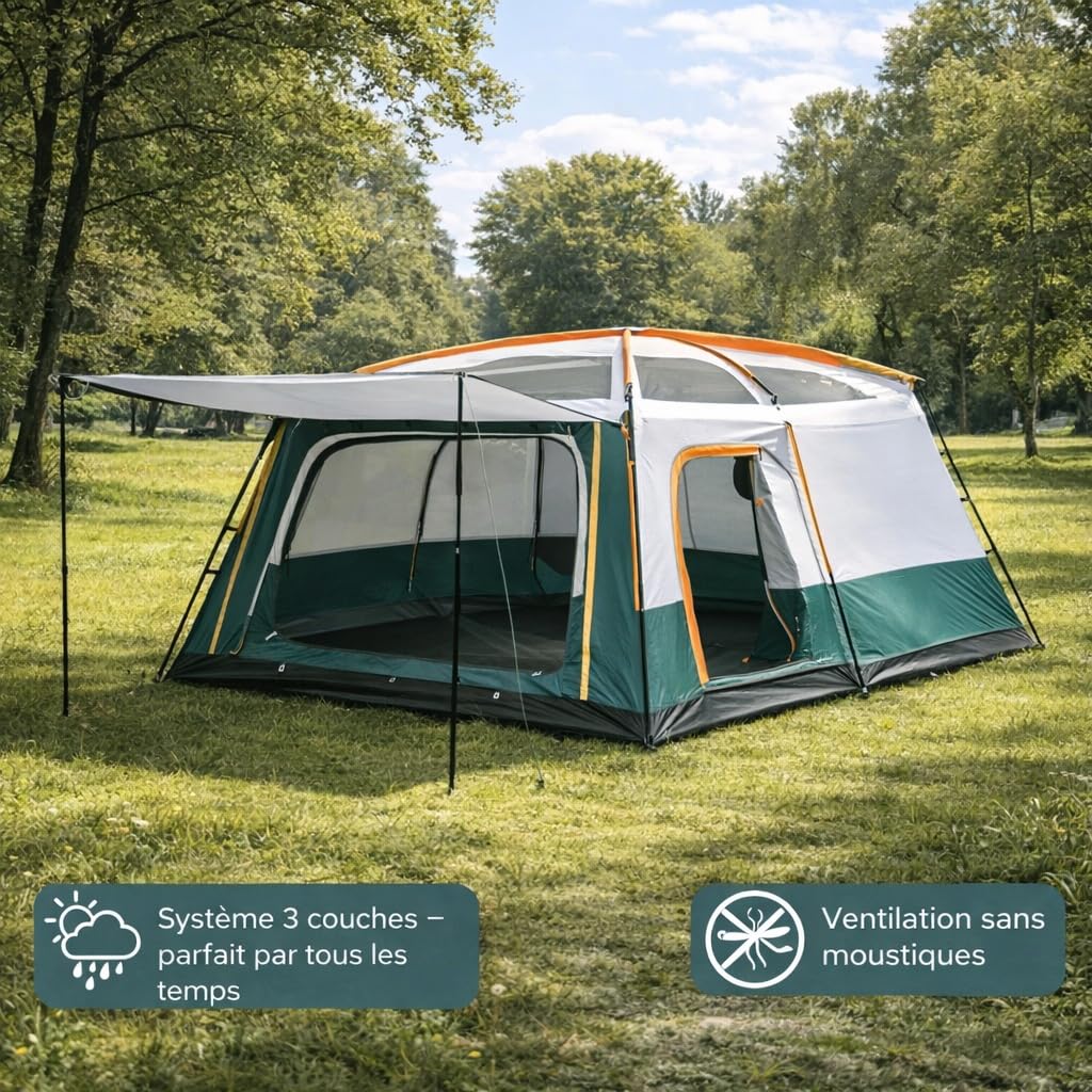 Lyve Tente Familiale XL – Tente de Camping Étanche avec 2 à 3 Cabines de Couchage – Cabines Deep Sleep Occultantes – Colonne d’Eau 8000 mm – 4/6 / 8 Personnes – Verte