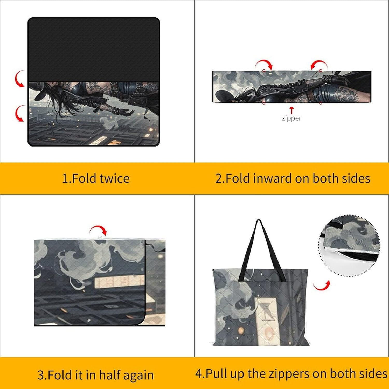 Cute Tattooed Cowboy Girl Picnic Blanket 200x200cm, Foldable 2-in-1 Picnic Mat and Tote Bag Portable Waterproof Beach Mat Sandproof Outdoor Blanket for Park, Hiking, Beach, Camping, Travel