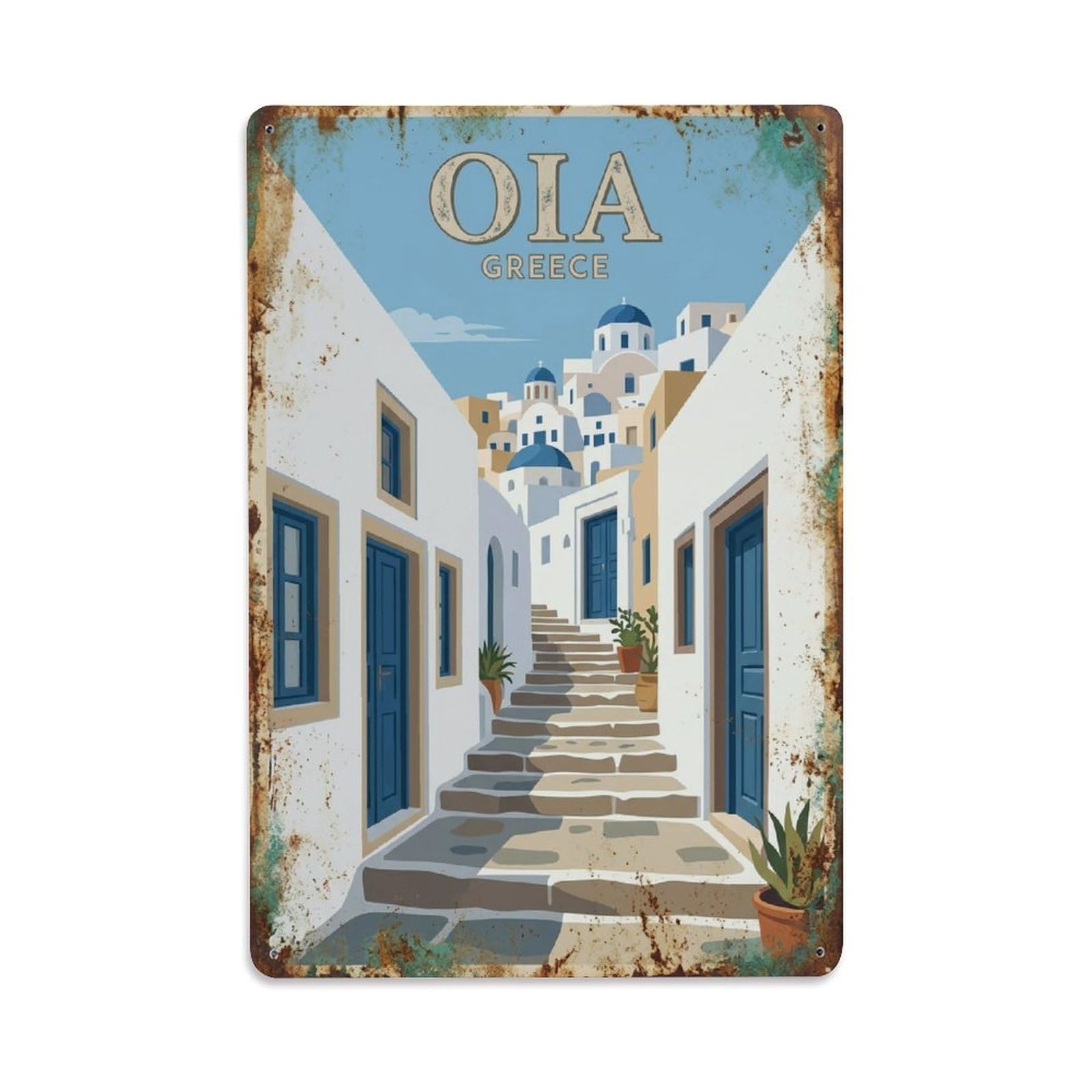 Fyrn Style Metal Tin Sign Vintage Travel Oia Greece Alleyway