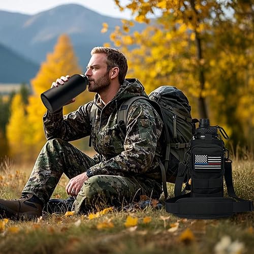 Miniatura 7 de Botella de agua aislada de 32 onzas, jarra de agua negra militar de acero inoxidable con manga, botellas de agua para gimnasio para hombres,