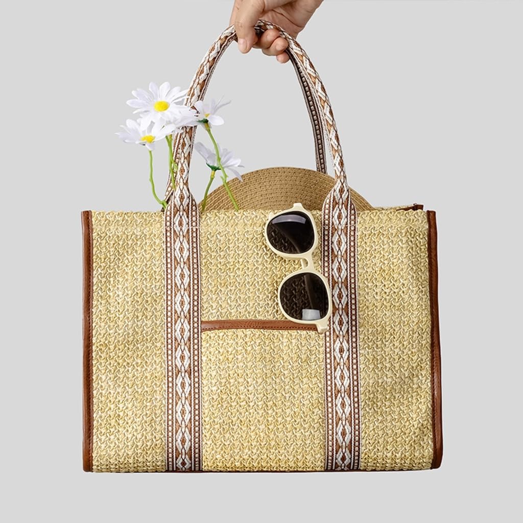 Handmade Bohemian Styles Shoulder Bag with Wide Strap and Natural Straw Woven Handbag for Casual Summer Adventures