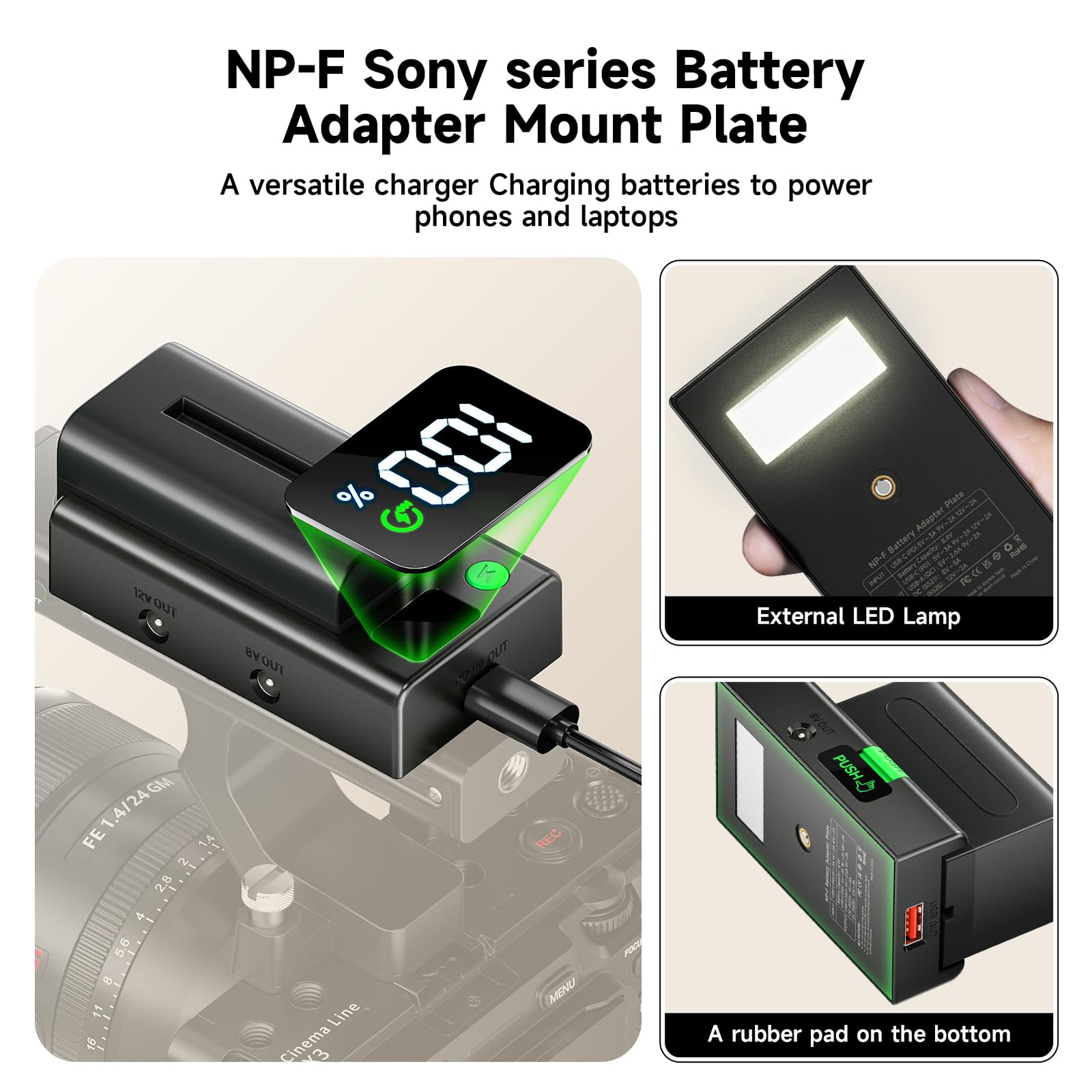 Piastra Adattatore NP-F per Batterie Sony NP-F980, 970, 960, 930, 770, 750, 550 con Ricarica Rapida PD, Luce LED/LCD, USB-A, Uscita 12V DC / 8V DC