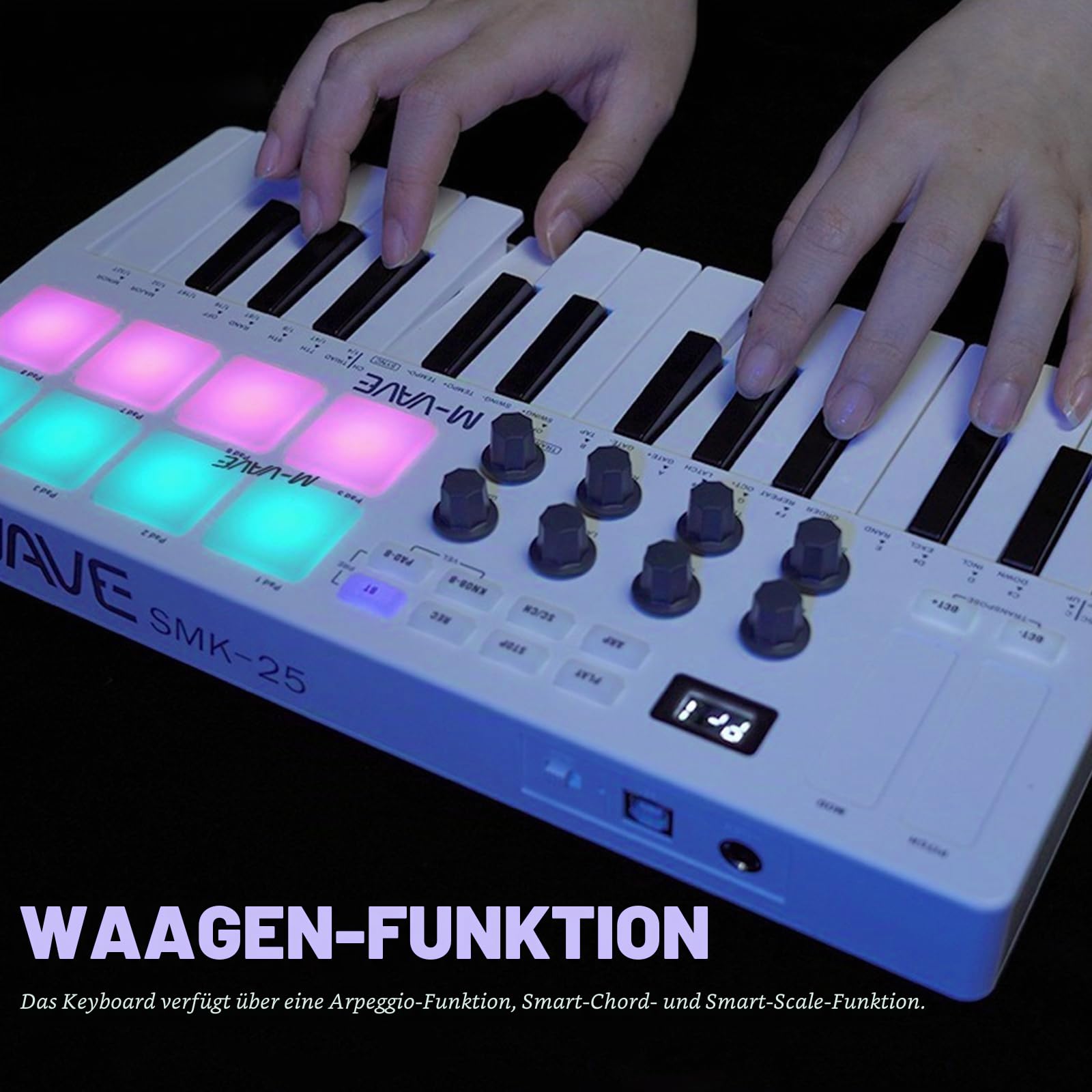 Nikou M-VAVE MIDI Tastatur Controller, USB Mini 25 Tasten Professionelles Dynamisches Tastenbett Elektro Musik Arranger Keyboard mit RGB-Schlagzeugpads Weiß