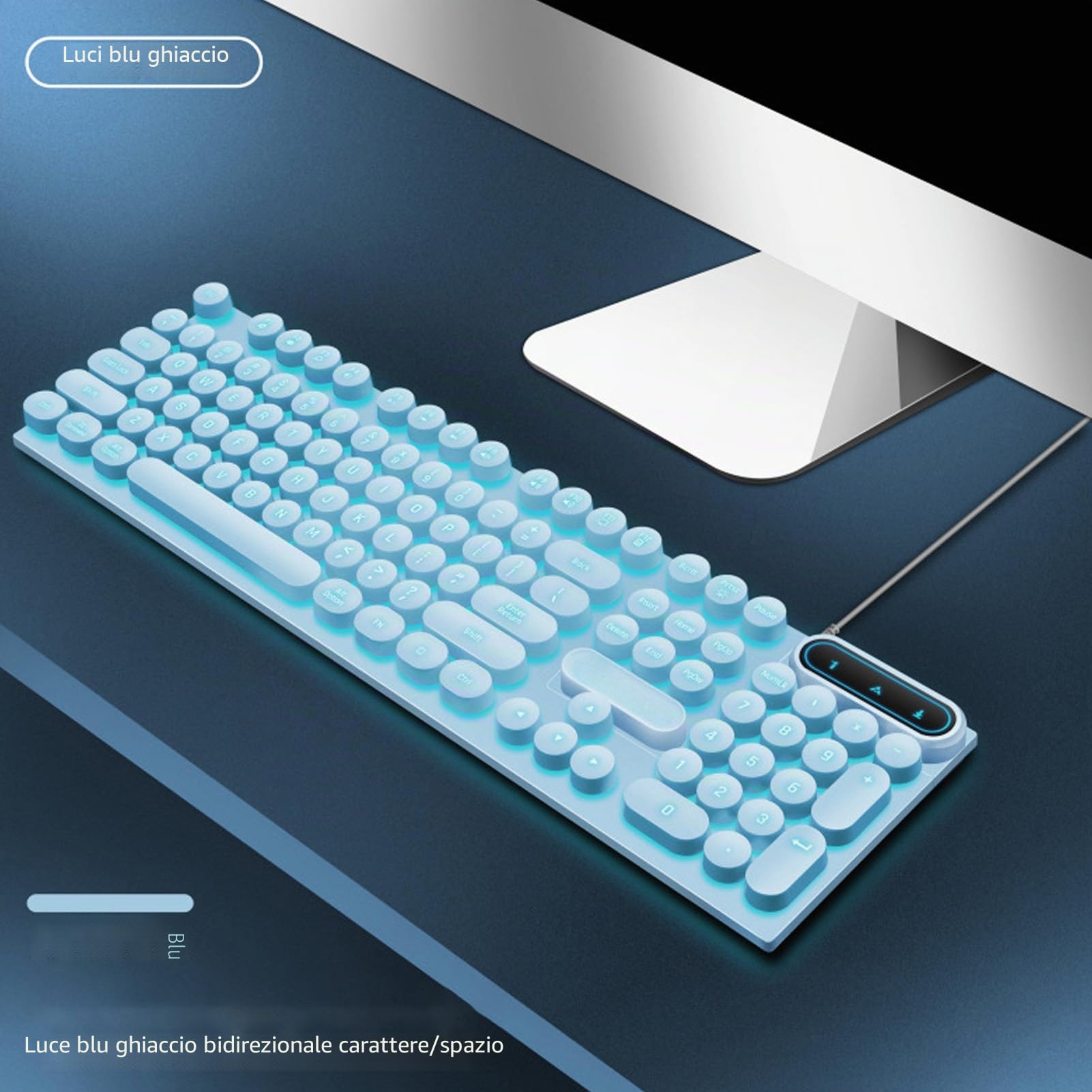 Topiky Tastiera da Gioco Meccanica USB Cablata, 104 Tasti Rotondi Tastiera da Gioco Retroilluminata Piedini Ergonomici Ripiegabili Tasti Multimediali Tastiera Cablata per per (BLUE)