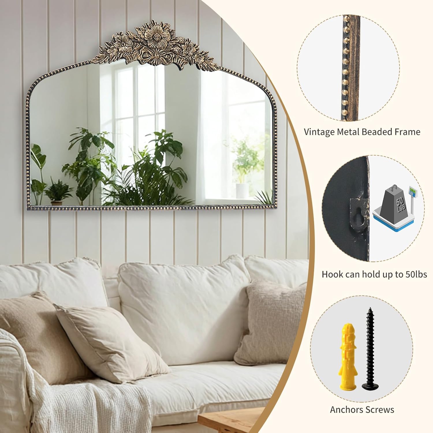 Arch Antique Black Mirror,40x30inch Baroque Style Vintage Mirror, Metal Frame Wall Mirror, Traditional Art Home Decor for Living Room, Bedroom, Entryway