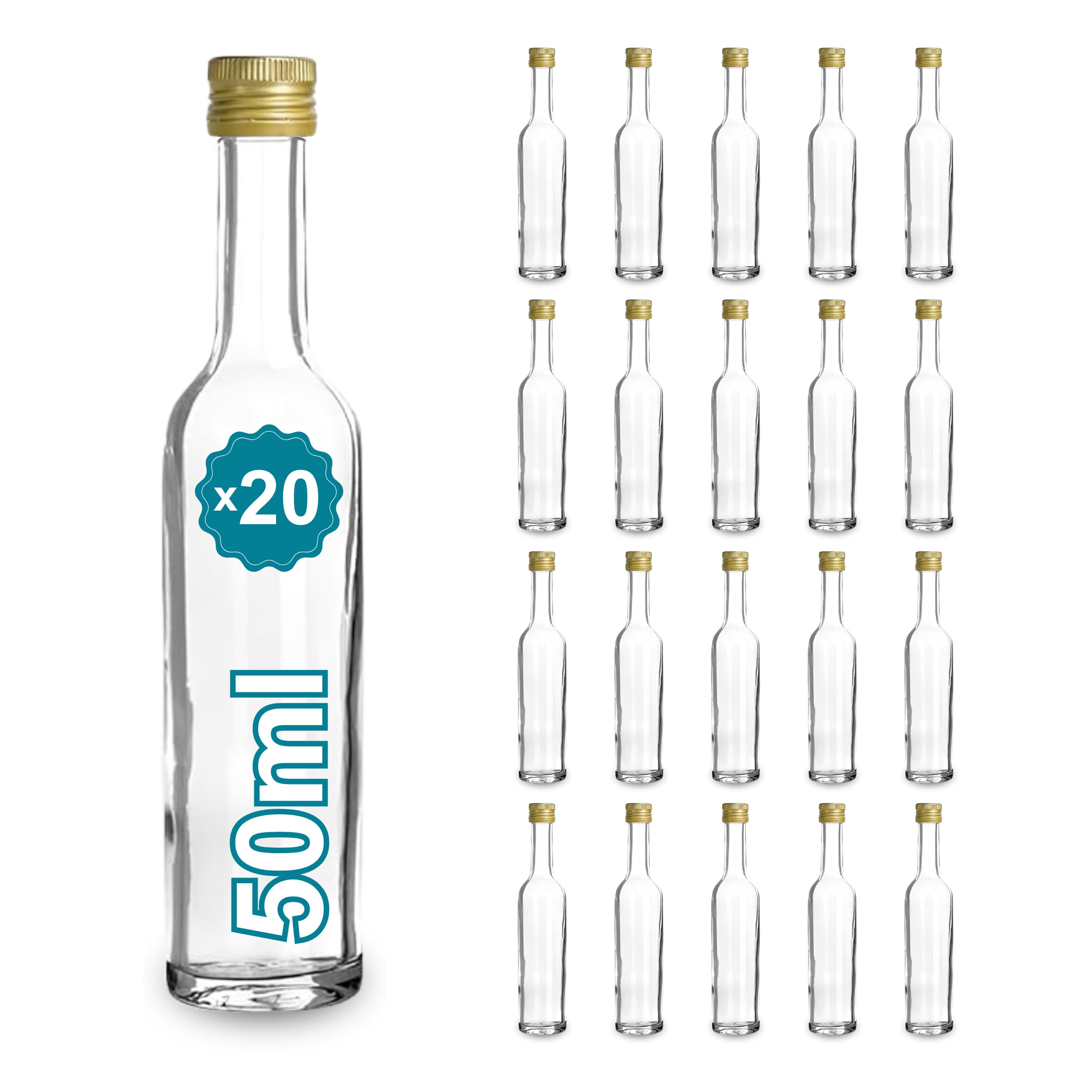 Espirito Rebelde Pack de 20 mini botellas de cristal de 50 ml con tapón de rosca dorada, mini frascos de alcohol, pequeños frascos de muestra, regalos, bodas.