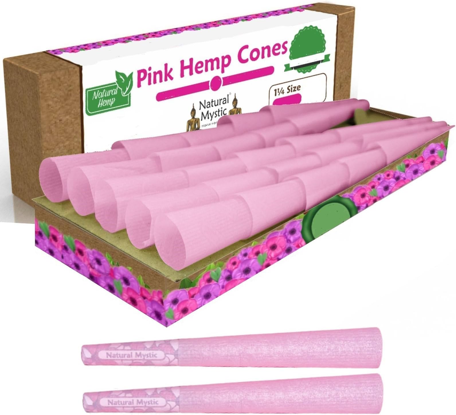 Pink Cones Pre Rolled 1 1/4 Size 50 Pack Classic Rolling Paper Tubes Natural Mystic Cones Prerolls Rolling Papers with Tips Use Cone Loader Packing Sticks
