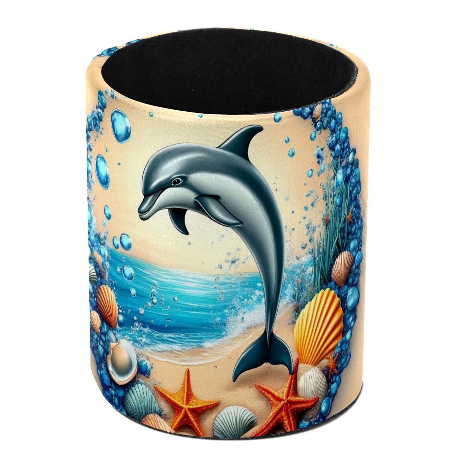 HEOEH Dolphin Starfish Pen Holder for Desk, PU Leather Pencil Holder Pen Cup Marker Holder Makeup Brush Holders, Desk Accessories & Workspace Organizers for Home, Office