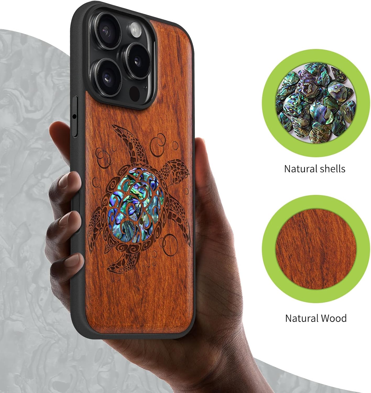 Carveit Magnetic Case for iPhone 16 Pro Case, Wood Artisan Engraved & Handmade Shell Inlaid, TPU Shockproof Cover, Compatible with MagSafe Wireless Chargers (Sea Turtle) Rosy