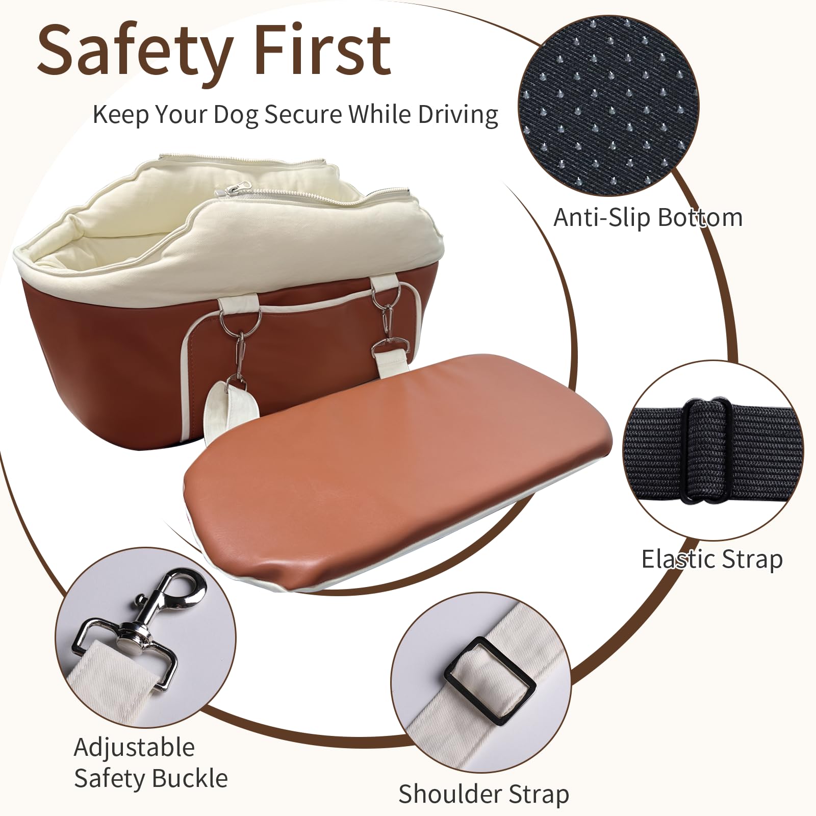 Asiento de coche para perros pequeños, asiento elevador portátil con cinturón de seguridad, base antideslizante y bolsillos de almacenamiento, se adapta a perros de hasta 11 libras (cuero