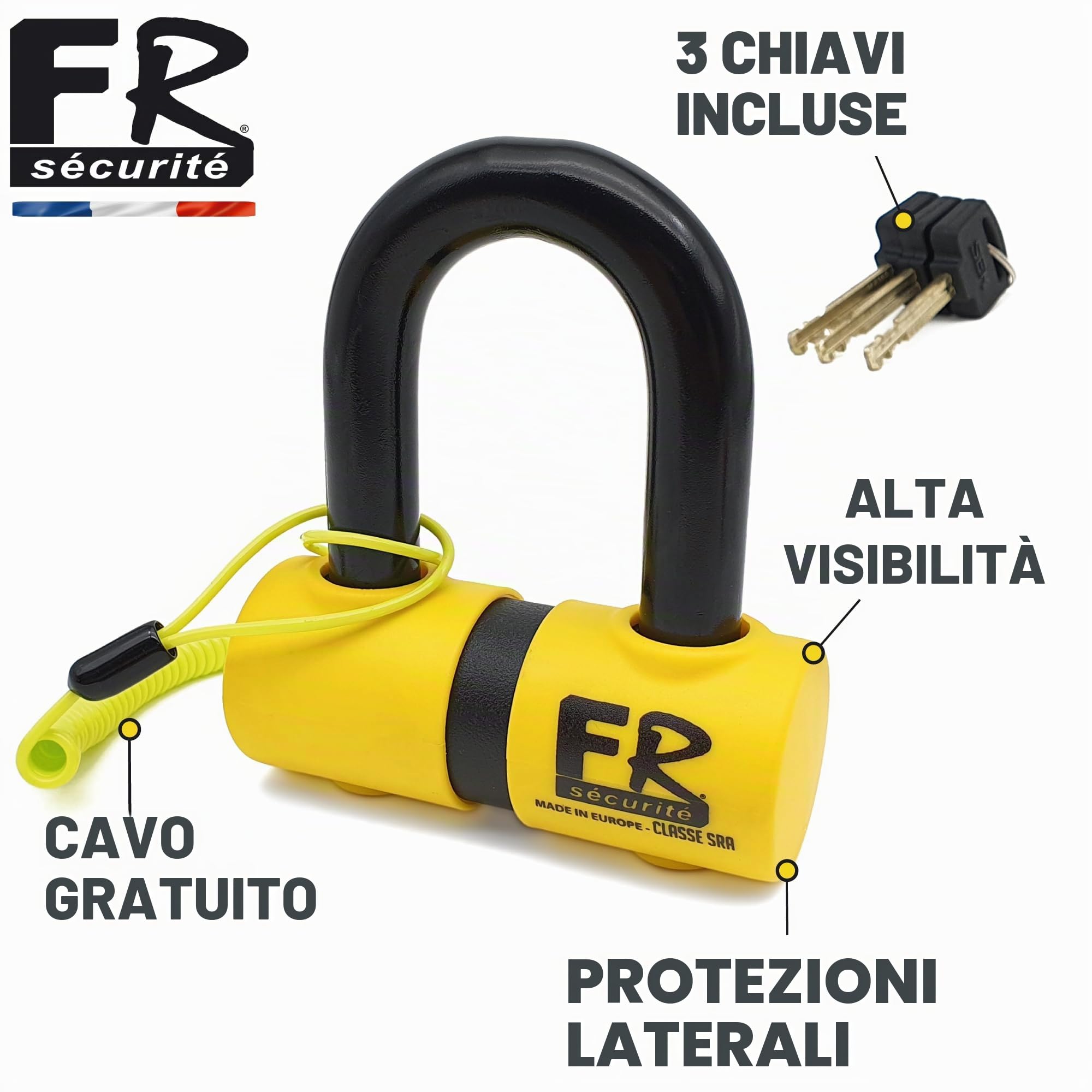 FR SECURITE FR50 Bloccadisco Moto Mini U Omologato SRA, Arco ø18mm in Acciaio Cementato, Doppia Chiusura, Serratura ad Alta Sicurezza Antiscasso, Cavo Promemoria, Lucchetto Antifurto per Moto Scooter