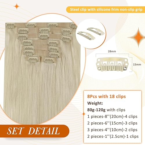 Miniatura 2 de Full Shine - Extensiones de cabello Remy real rubio platinado con clip, trama de poliuretano invisible, 8 unidades, cabello lacio, rubio natural,