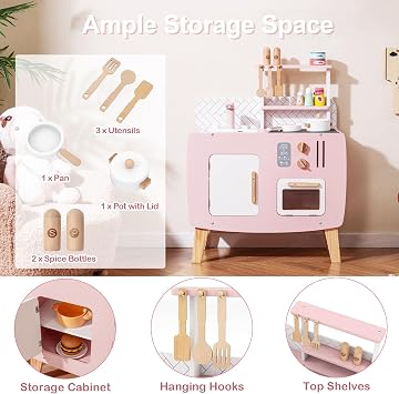 HOMASIS Play Kitchen with 7 Accessories Children's Kitchen with Sink Stove & Oven Small Wooden Toy Kitchen Children's Play Kitchen with Cabinet 3 Hooks & 2 Shelves Wooden Kitchen Corner Kitchen
