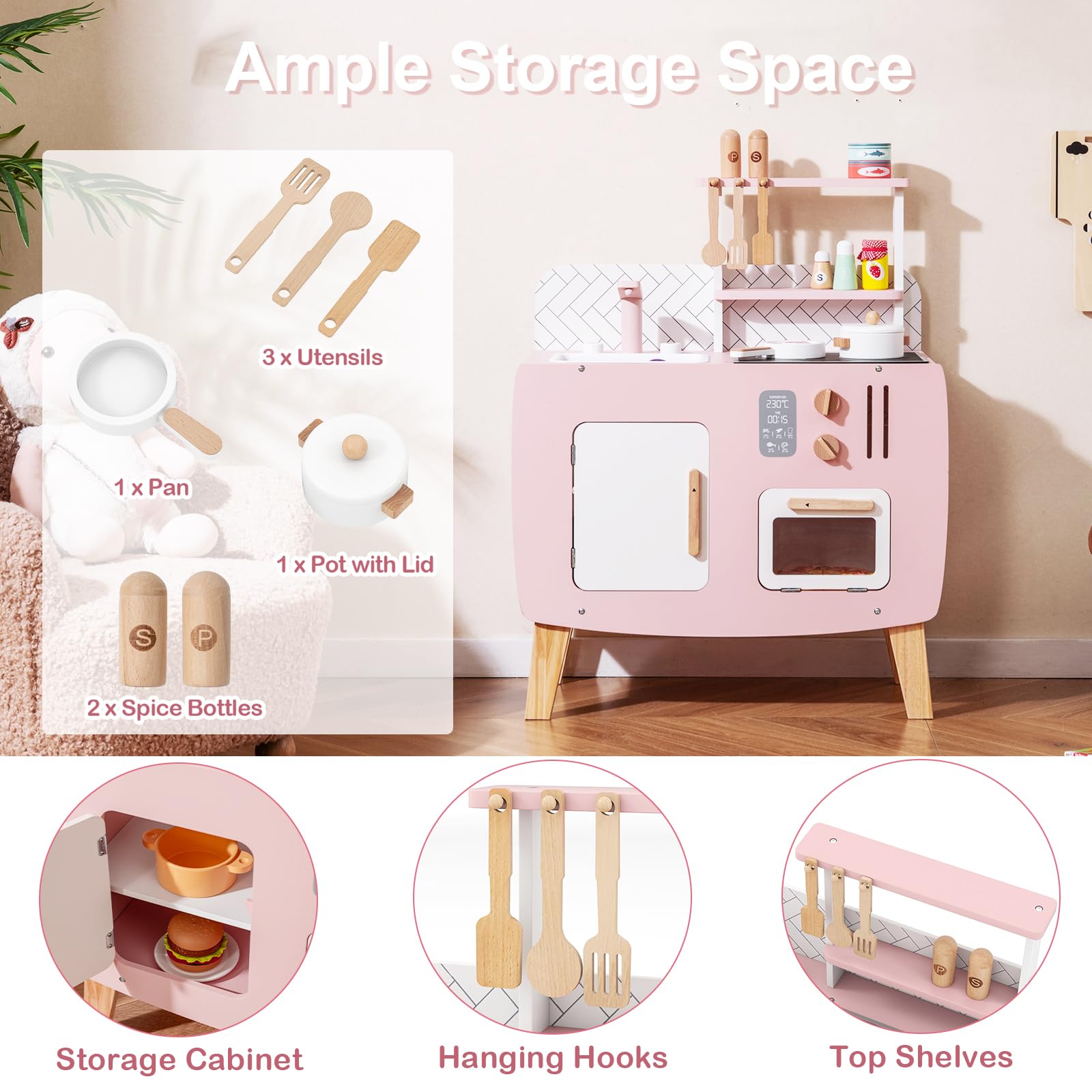HOMASIS Spielküche mit 7 Zubehör, Kinderküche mit Spüle, Herd & Ofen, kleine Spielzeugküche aus Holz, Kinderspielküche mit Schrank, 3 Haken & 2 Regale, Holzküche Eckküche für Kinder ab 3 Jahre, Rosa
