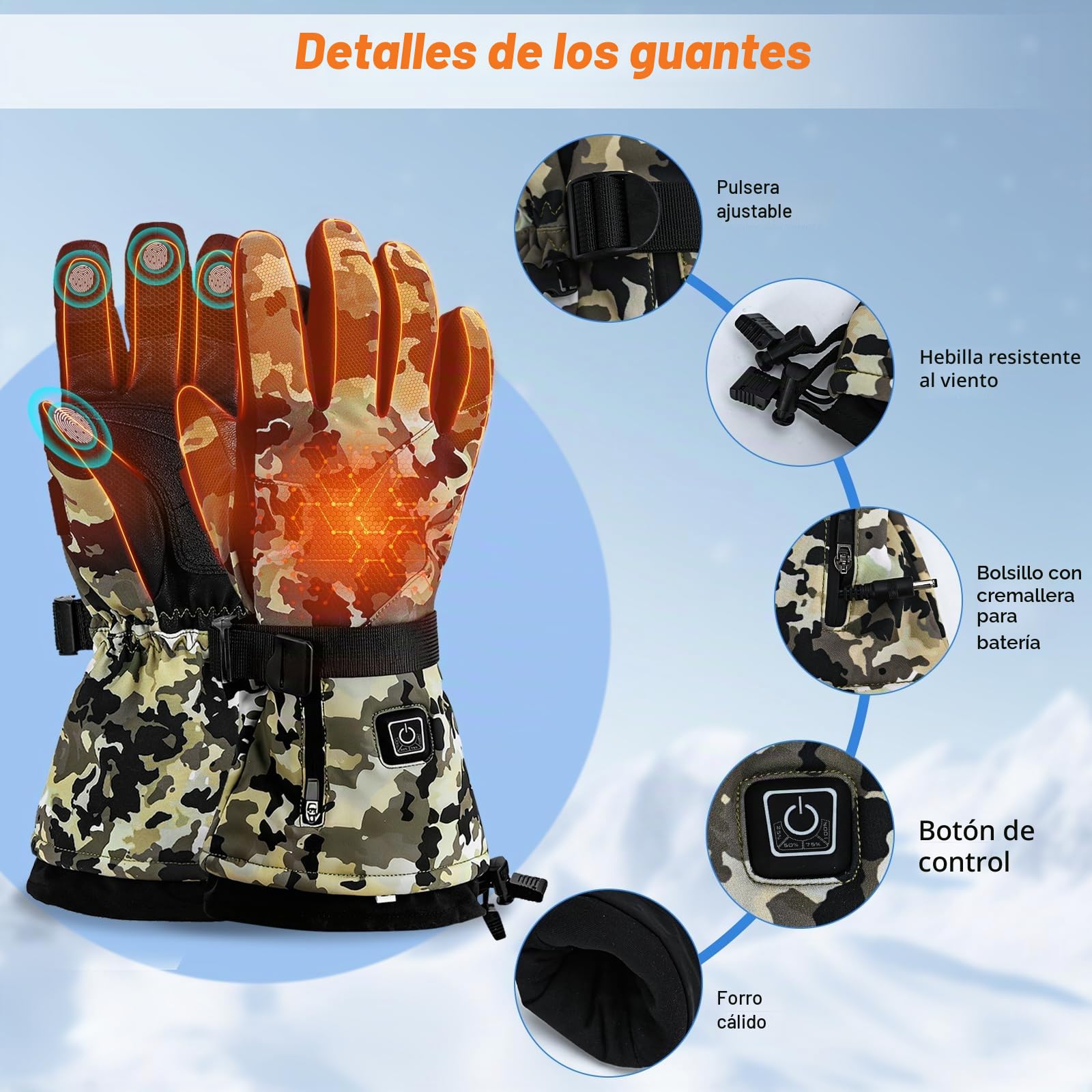 Guantes térmicos para hombres y mujeres, 7.4 V 3000 mAh, batería recargable, guantes de calefacción de esquí, 3 niveles de calefacción ajustables, calentador de manos para invierno, esquí, caza