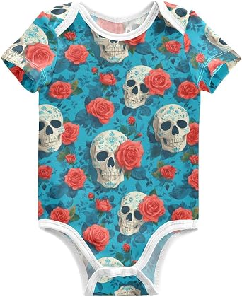 Plaaee Baby Unisex Cotton Bodysuits Sugar Skull Skeleton Rose Short Sleeve Romper Jumpsuit Outfit 3-24Months