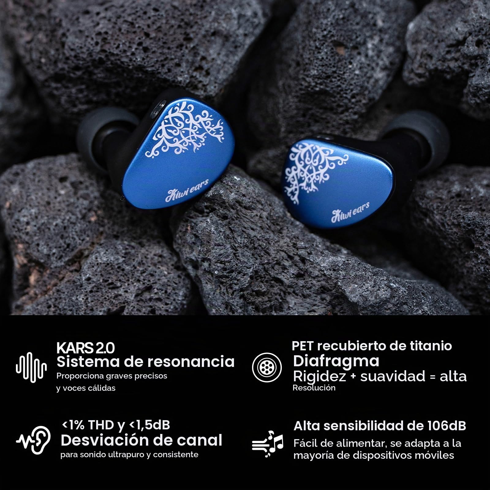 Linsoul Kiwi Ears Cadenza II In Ear Monitor con Driver de Titanio de 10mm, Auriculares IEM con Cable con KARS 2.0,Equilibrio Tonal Preciso,Placa Frontal de Aluminio CNC (3,5 mm Senza Mic, Azul)