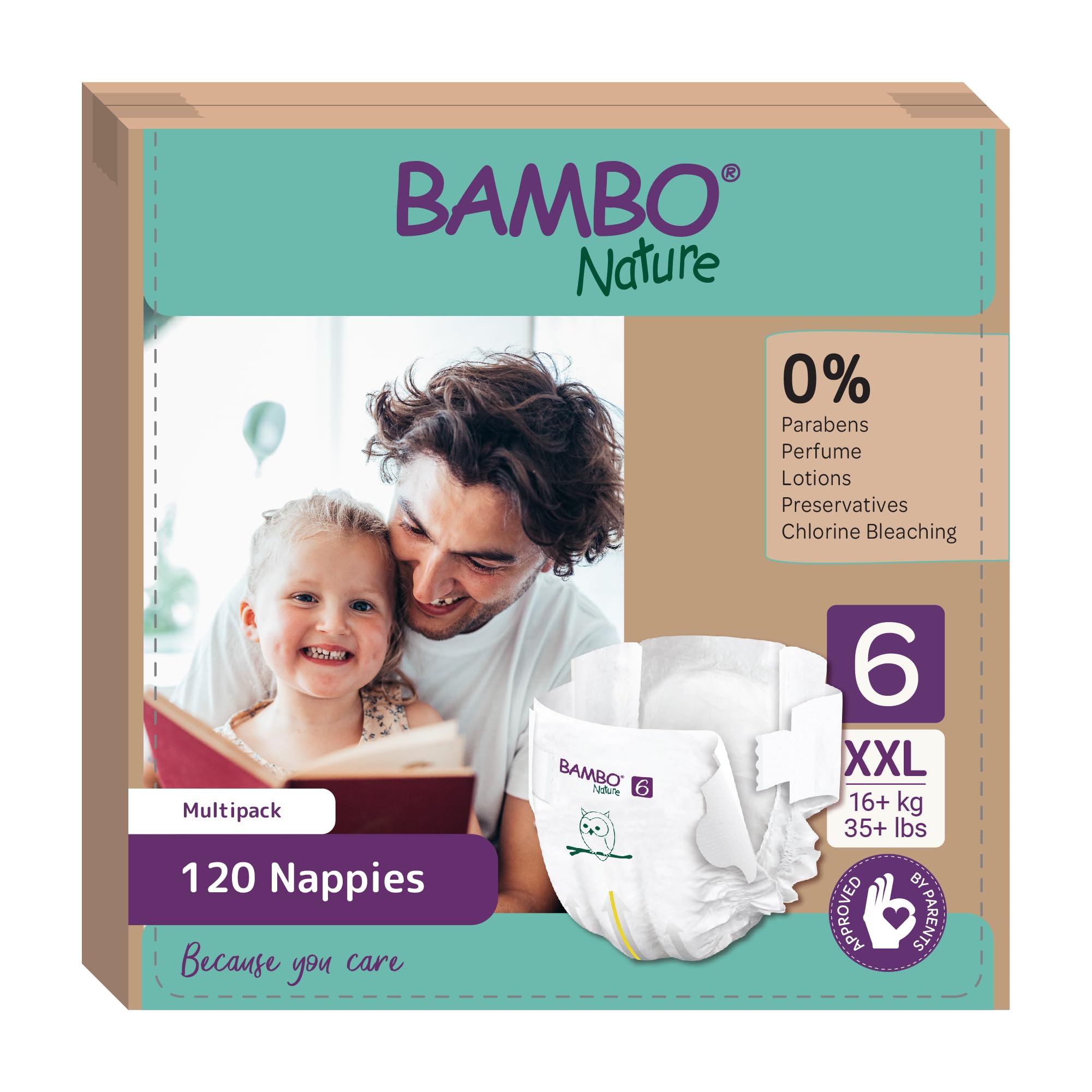 Bambo Nature Premium Eco Nappies, Size 6 Nappies (35+ lb/16+ kg), XXL, 120PK, Eco-Labelled Nappies, Enhanced Leakage Protection, Secure and Comfortable Baby Nappy