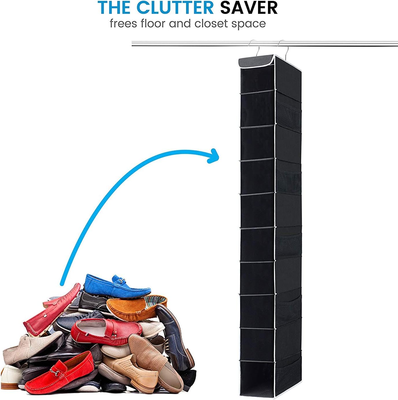 ZOBER 10-Shelf Hanging Shoe Organizer (3 Pack) Hanging Closet Shoe Organizer with Side Mesh Pockets, Space Saving Shoe Holder & Storage, Closet Organizer Great for Shoes, Purses, Handbags Etc. (Black)